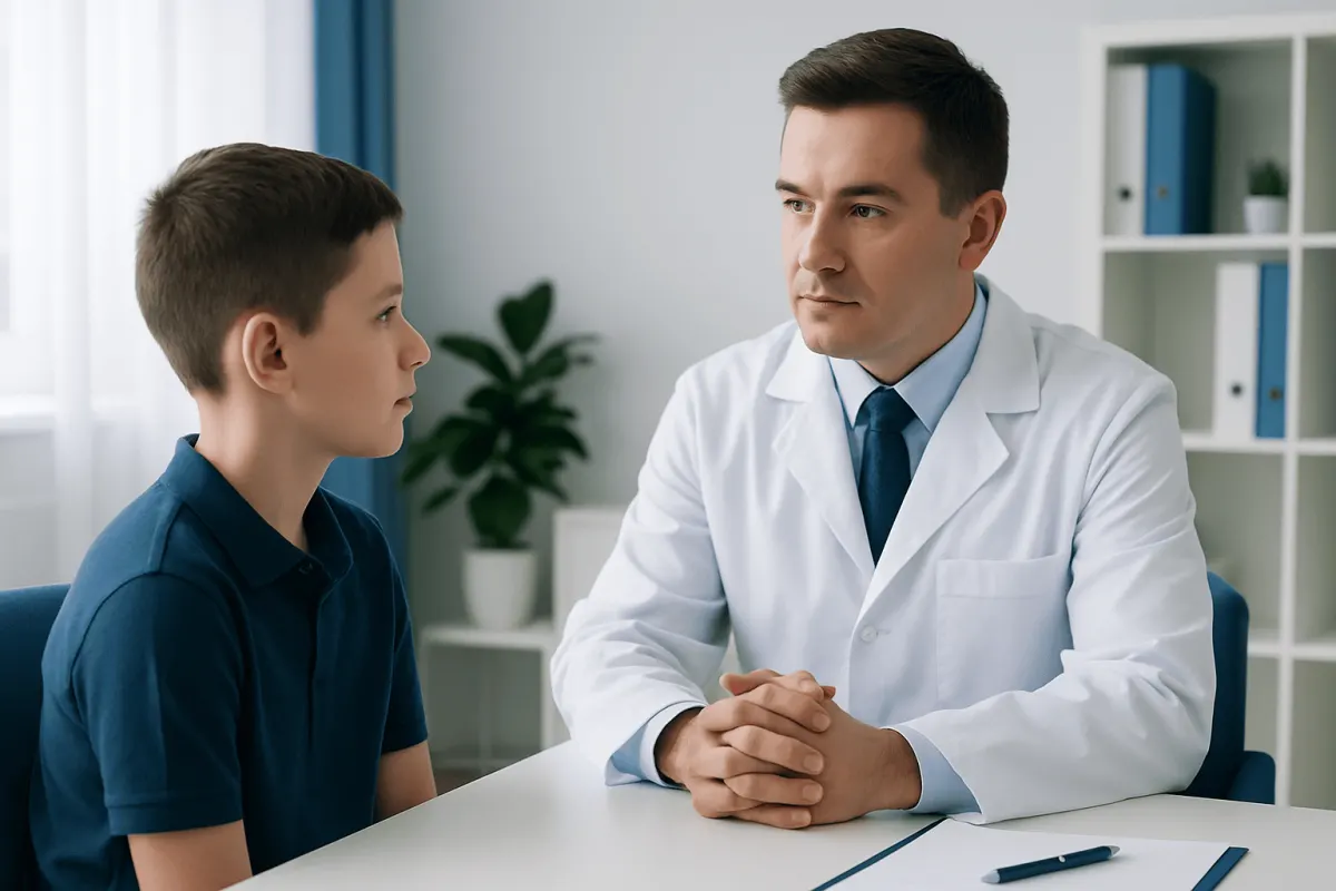 Doctor consulting young boy in a medical office for Otoplasty evaluation.