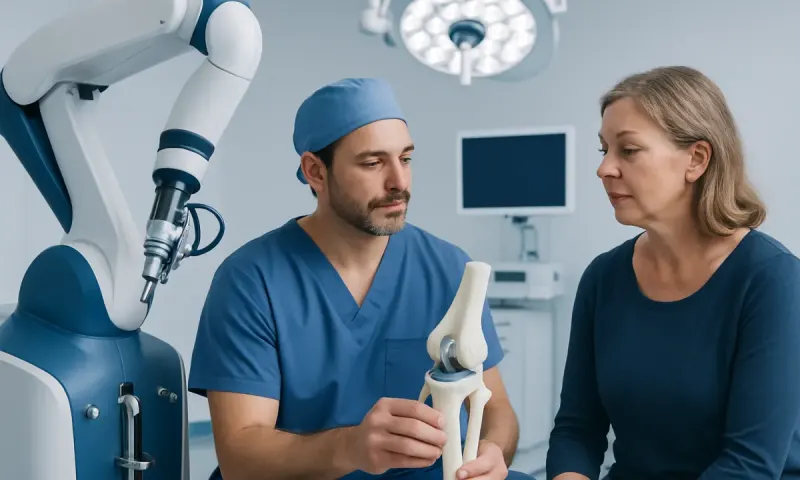 Orthopedic surgeon explains knee replacement procedure to patient using a model.