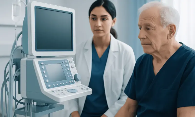 Doctor and patient in a hospital room with medical equipment.