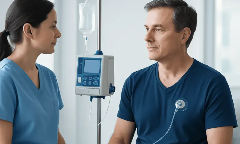 Patient and nurse in a hospital room with medical equipment and IV drip.