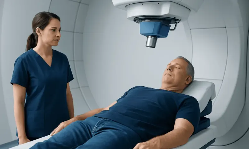 Patient undergoing proton therapy for prostate cancer at a specialized hospital.