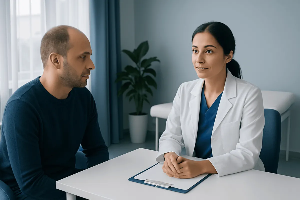 Doctor consulting with male patient in a modern clinic setting.