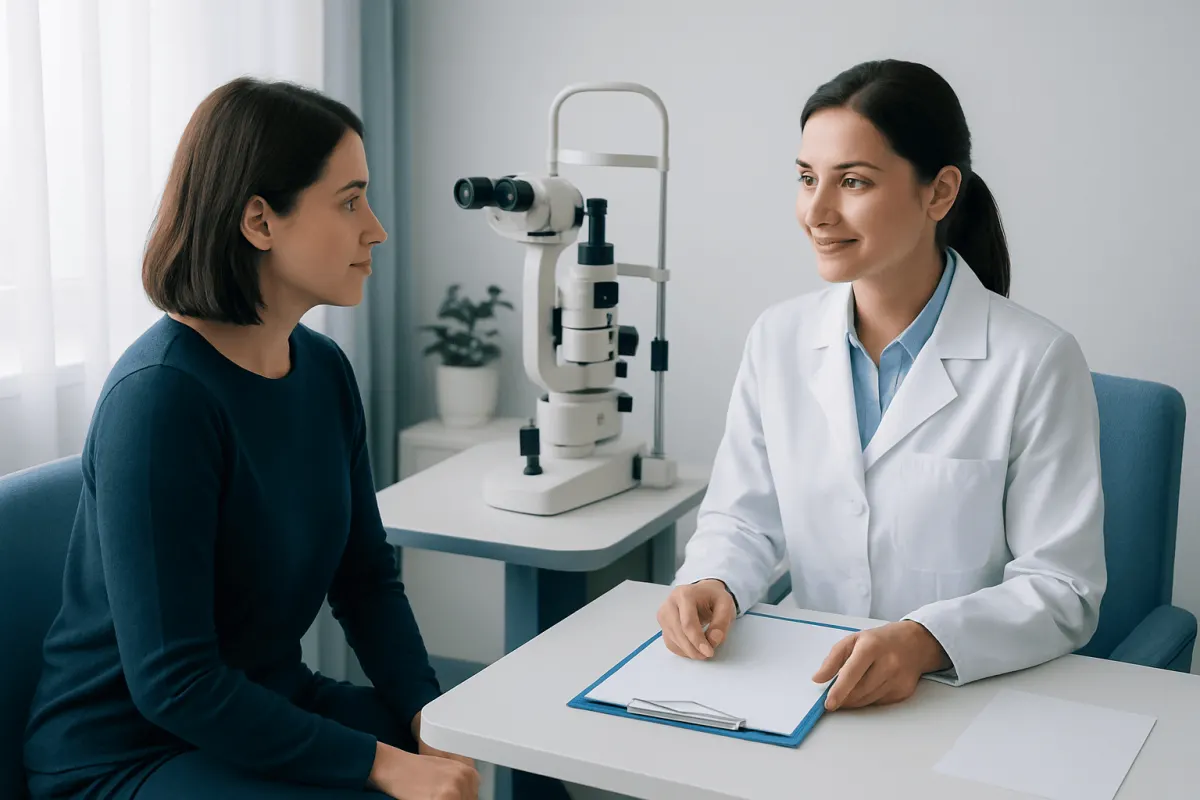 Optometrist consulting with patient in a modern clinic setting.