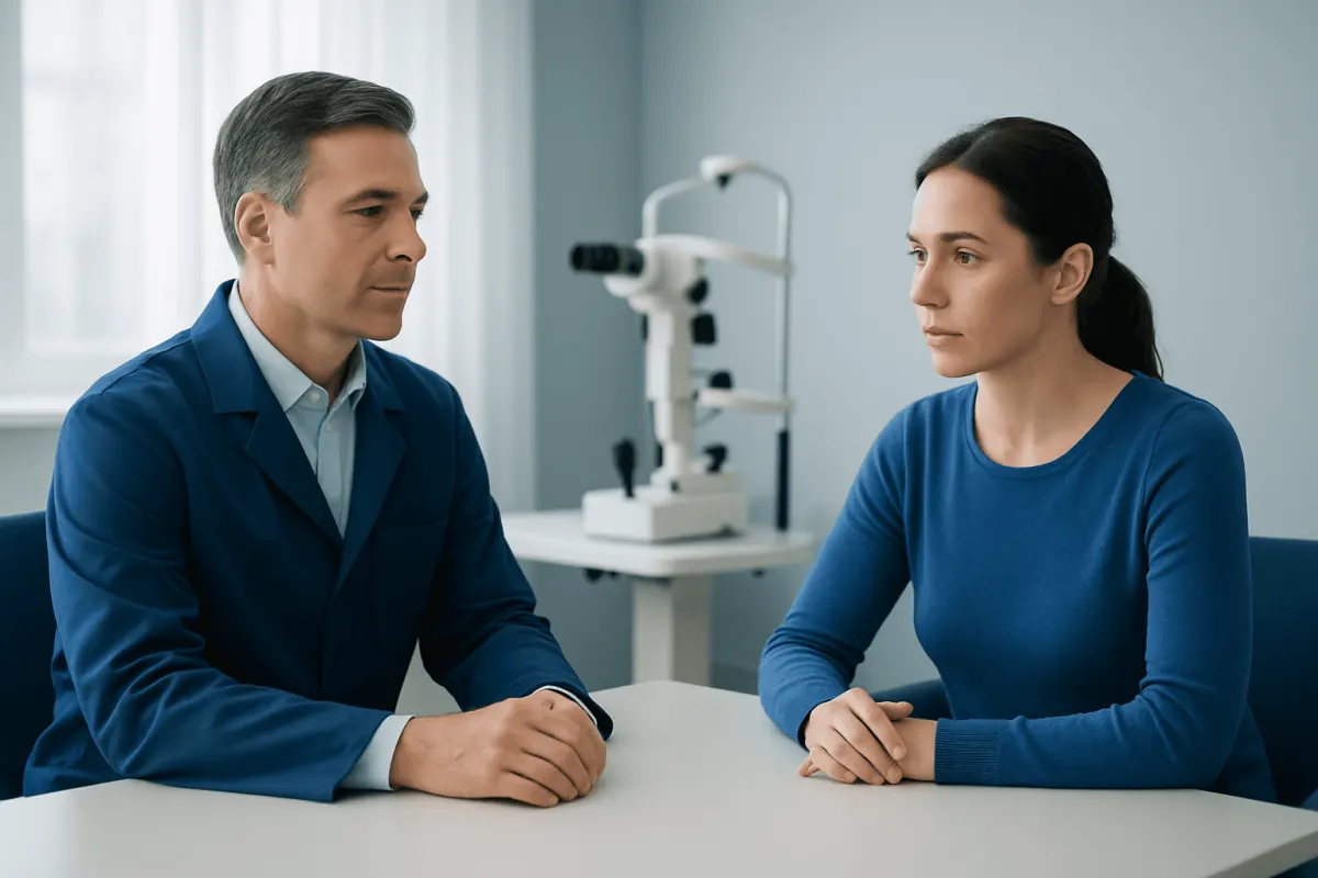 Dermatologist consulting with a patient about eye nevus removal.