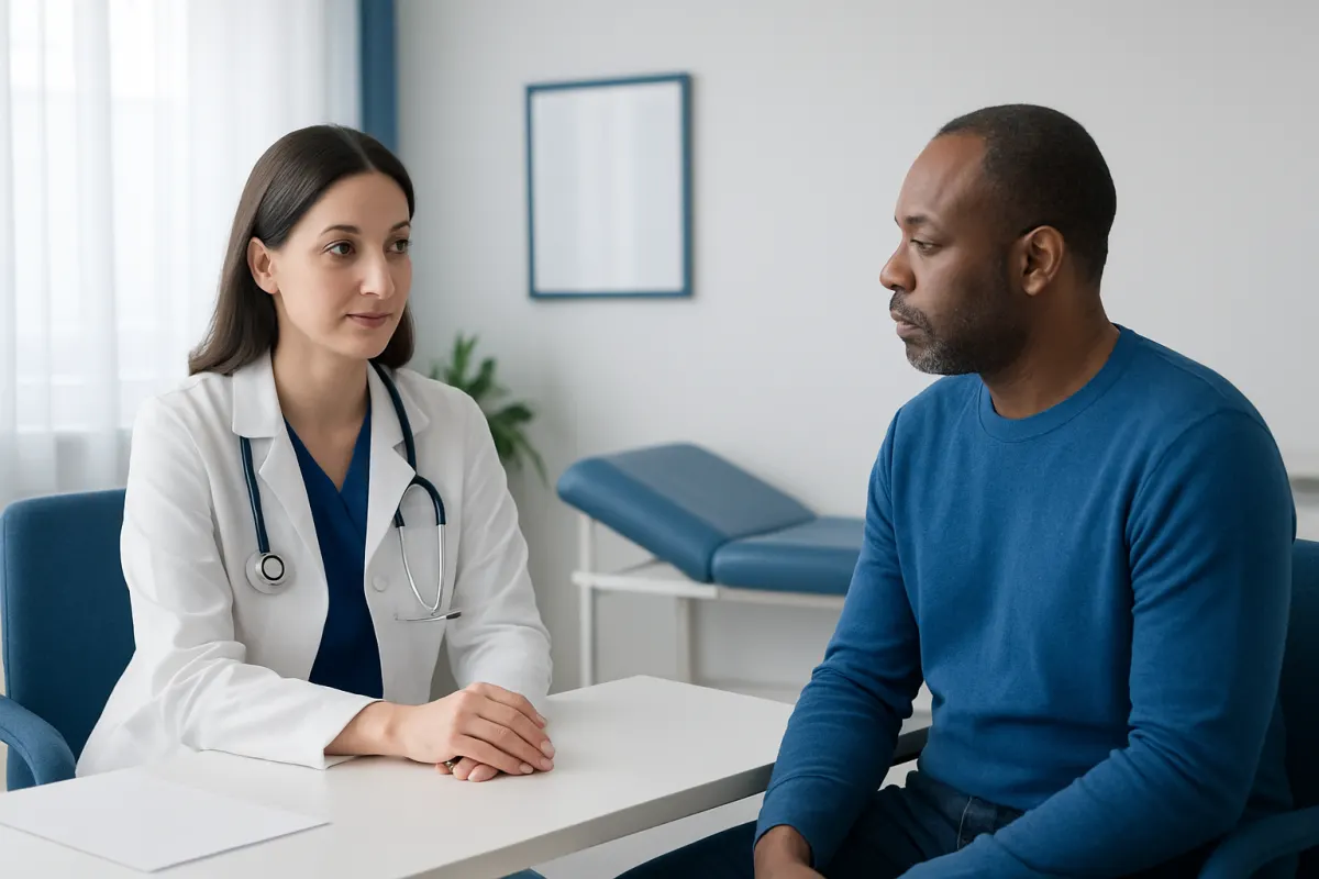 Doctor consulting with male patient in a medical office.