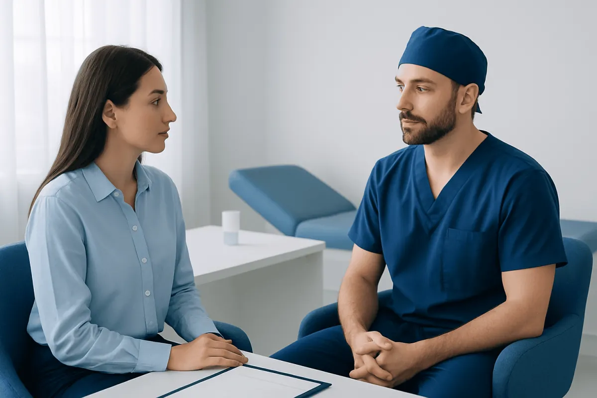 Patient consulting with doctor in a medical office setting.