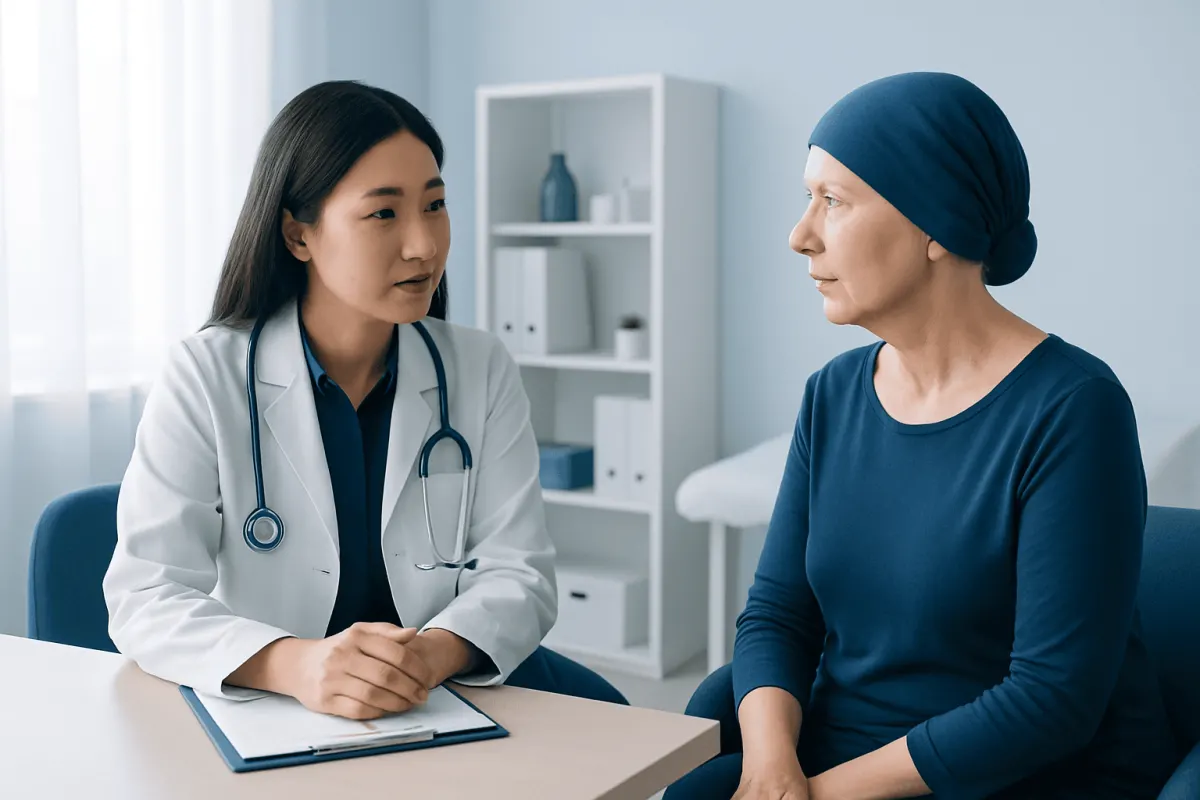 Doctor consulting with a female patient in a medical office.
