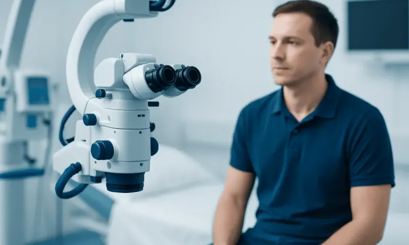 Medical professional examining a patient with advanced surgical microscope in hospital.