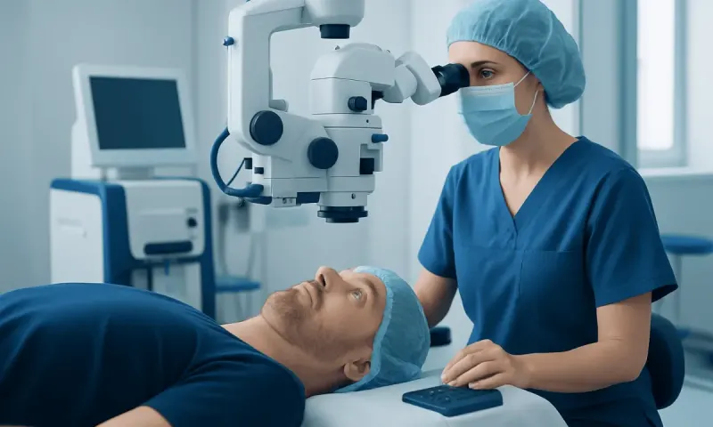 Ophthalmologist performing eye examination with microscope in clinic.
