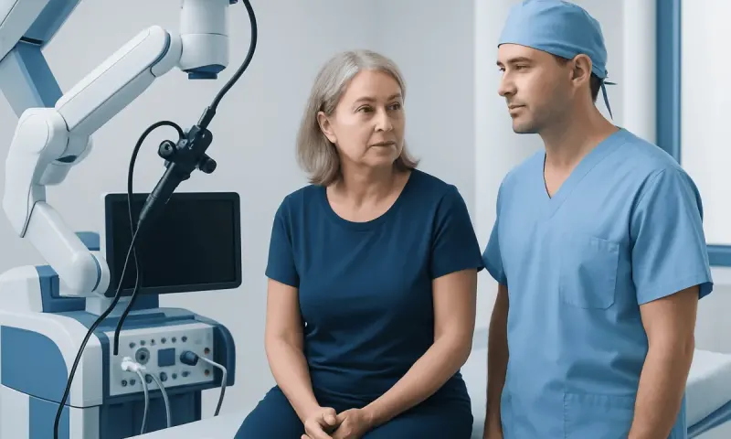 Doctor explaining colorectal cancer surgery to a patient in a hospital room.