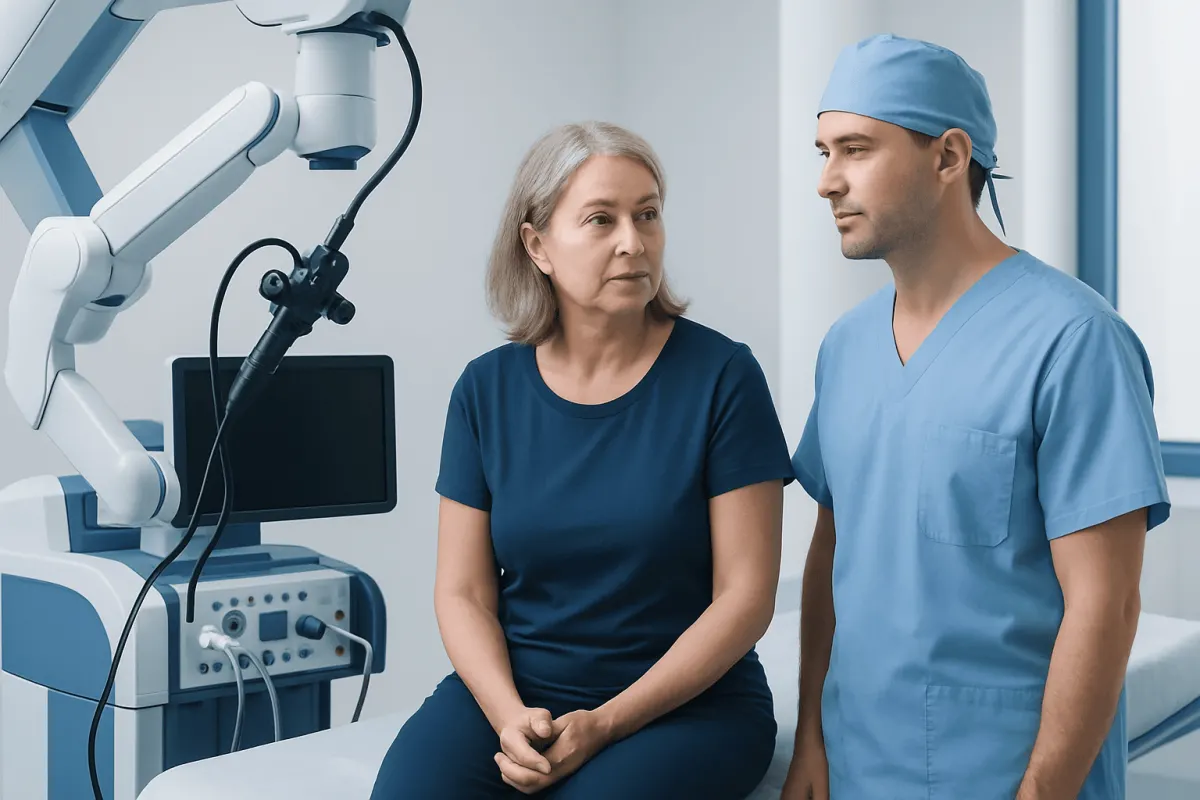 Doctor explaining colorectal cancer surgery to a patient in a hospital room.