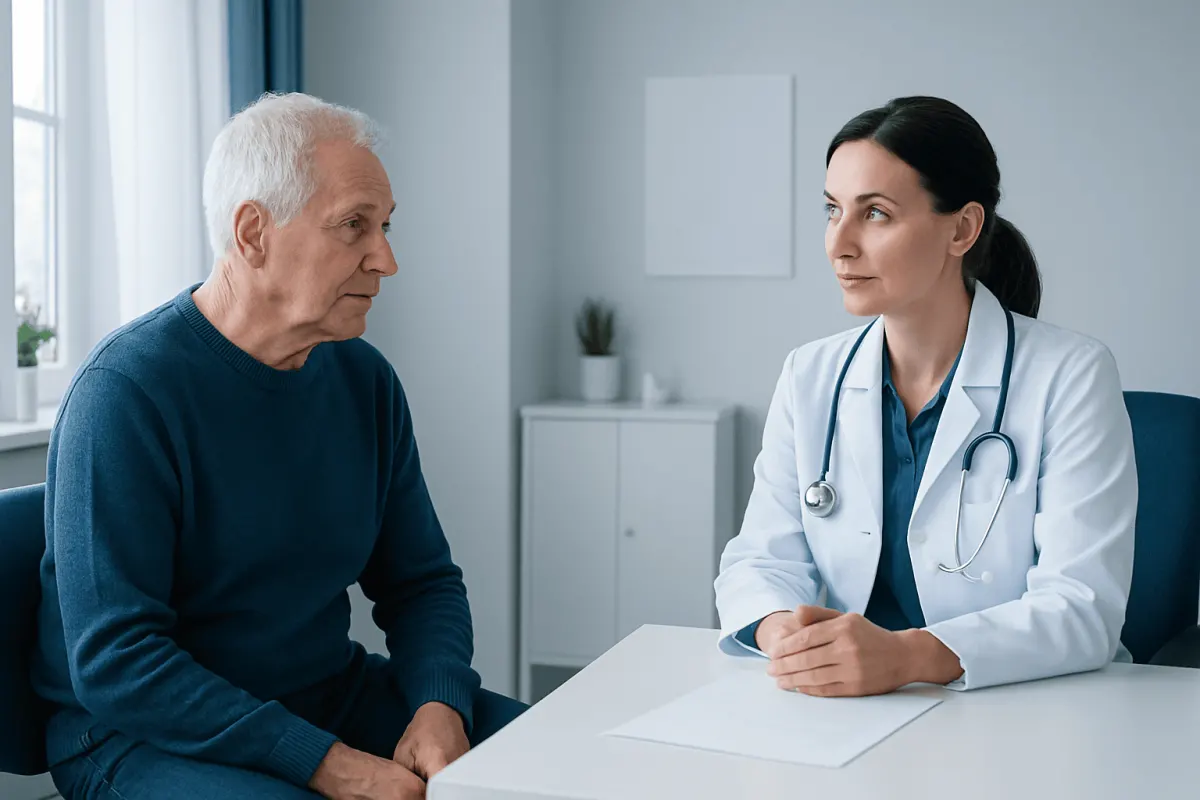 Doctor consulting with an elderly male patient in a medical office.