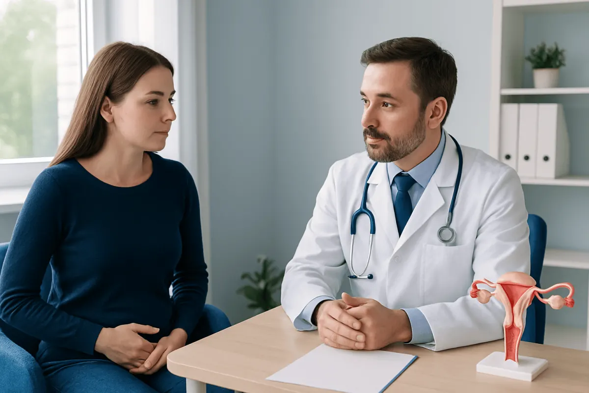 Gynecologist discussing endometriosis with patient in clinic.