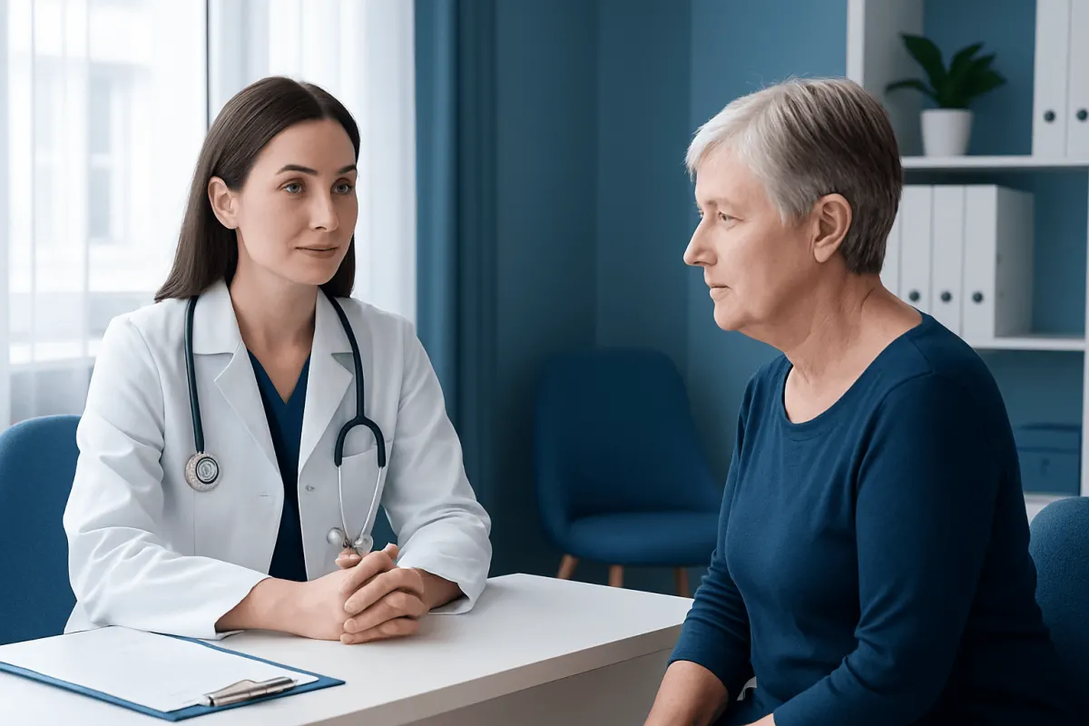 Doctor consulting with an elderly female patient in a medical office.