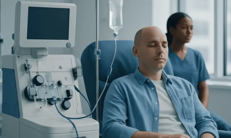 Patient receiving medical treatment in a hospital setting with medical equipment nearby.