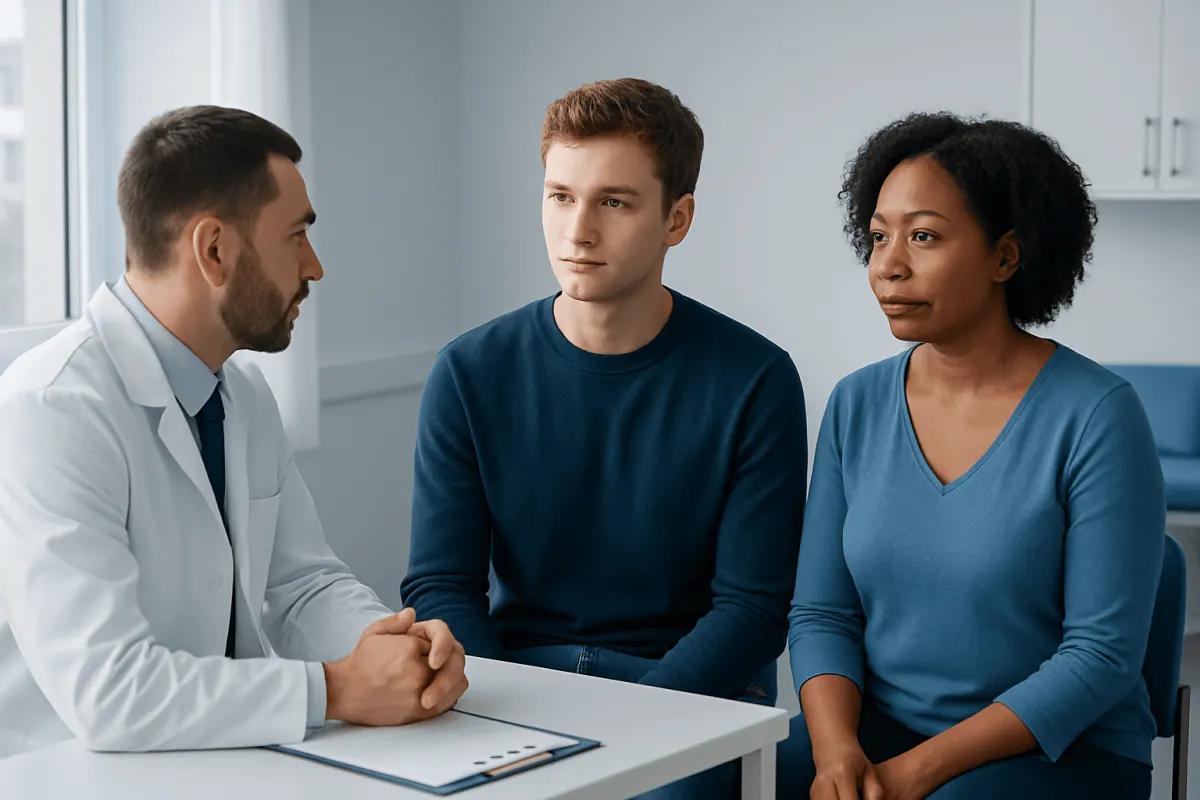 Doctor consulting with young patient and guardian in a medical office.