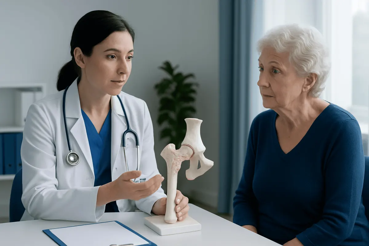 Doctor explaining hip bone model to elderly woman in consultation room.