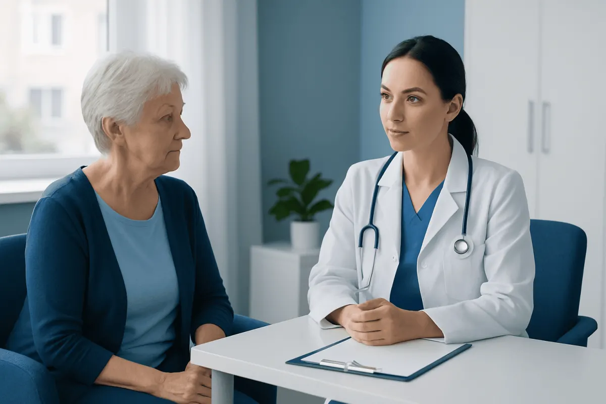 Female doctor consulting with elderly patient in clinic setting.