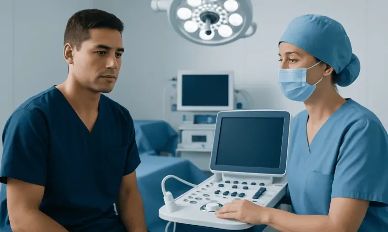 Medical consultation in an operating room with ultrasound equipment.