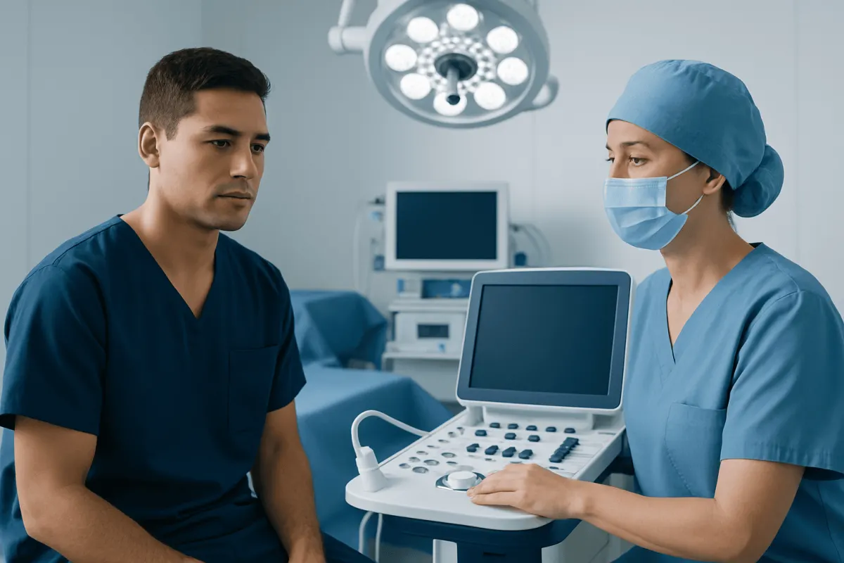 Medical consultation in an operating room with ultrasound equipment.