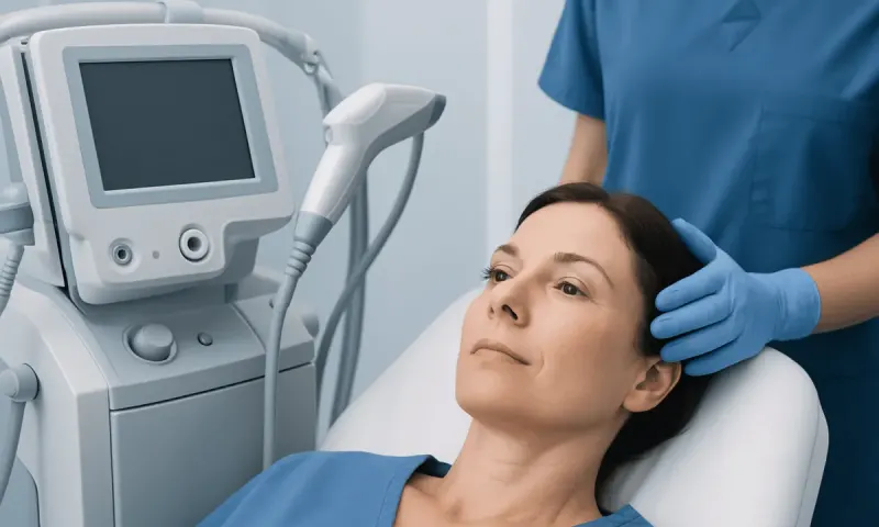 Woman undergoing a facial examination with medical equipment nearby.