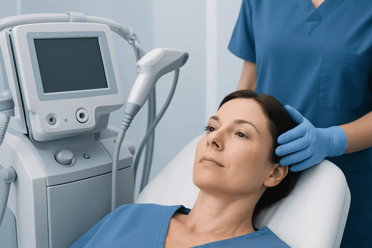 Woman undergoing a facial examination with medical equipment nearby.