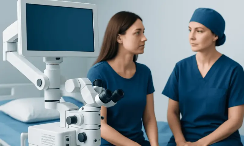 Doctor and patient preparing for forehead reduction consultation at hospital.