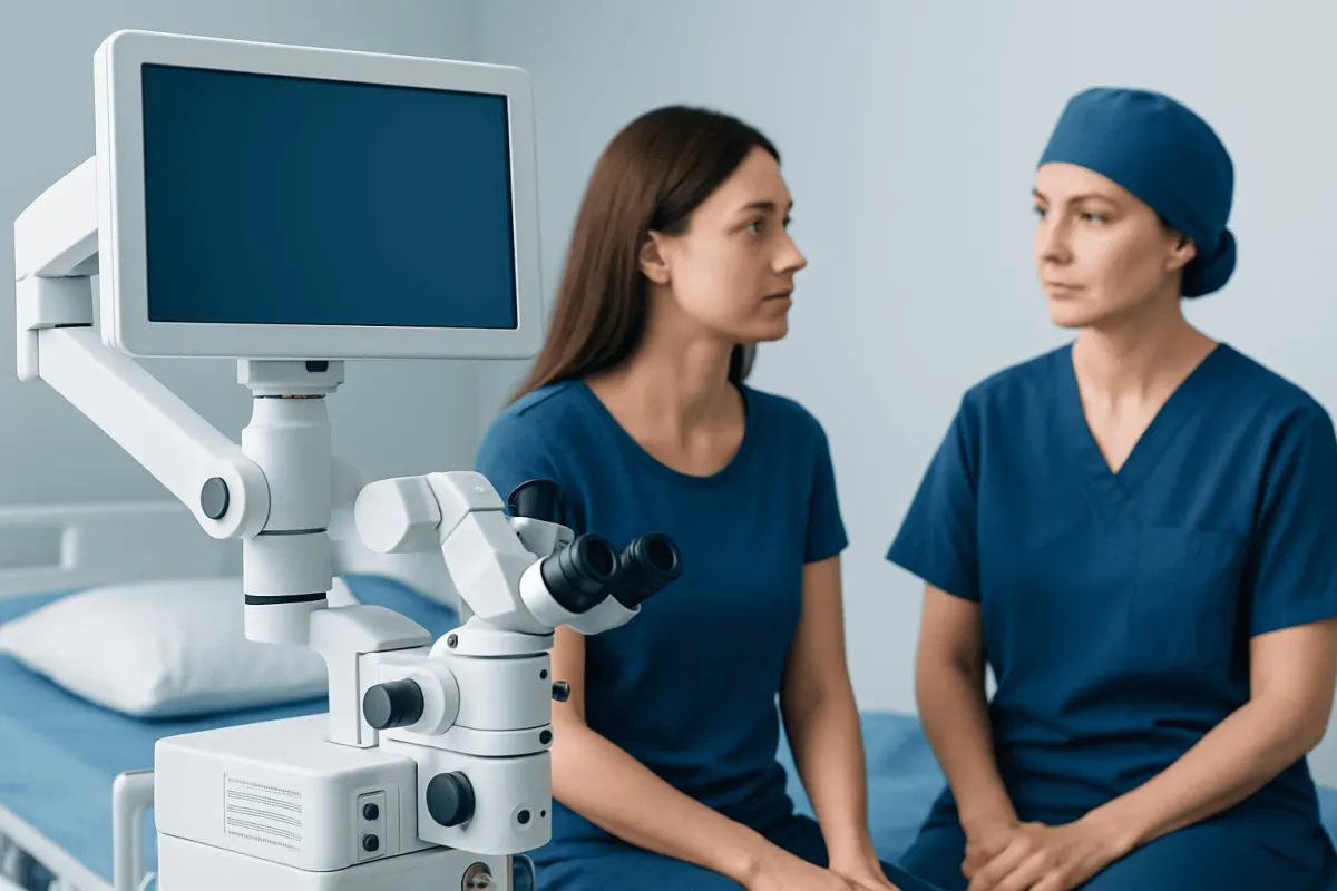 Doctor and patient preparing for forehead reduction consultation at hospital.