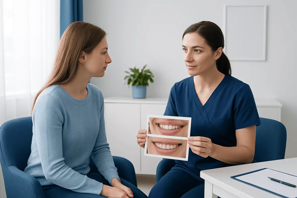 Dental consultation showing before and after images of teeth.