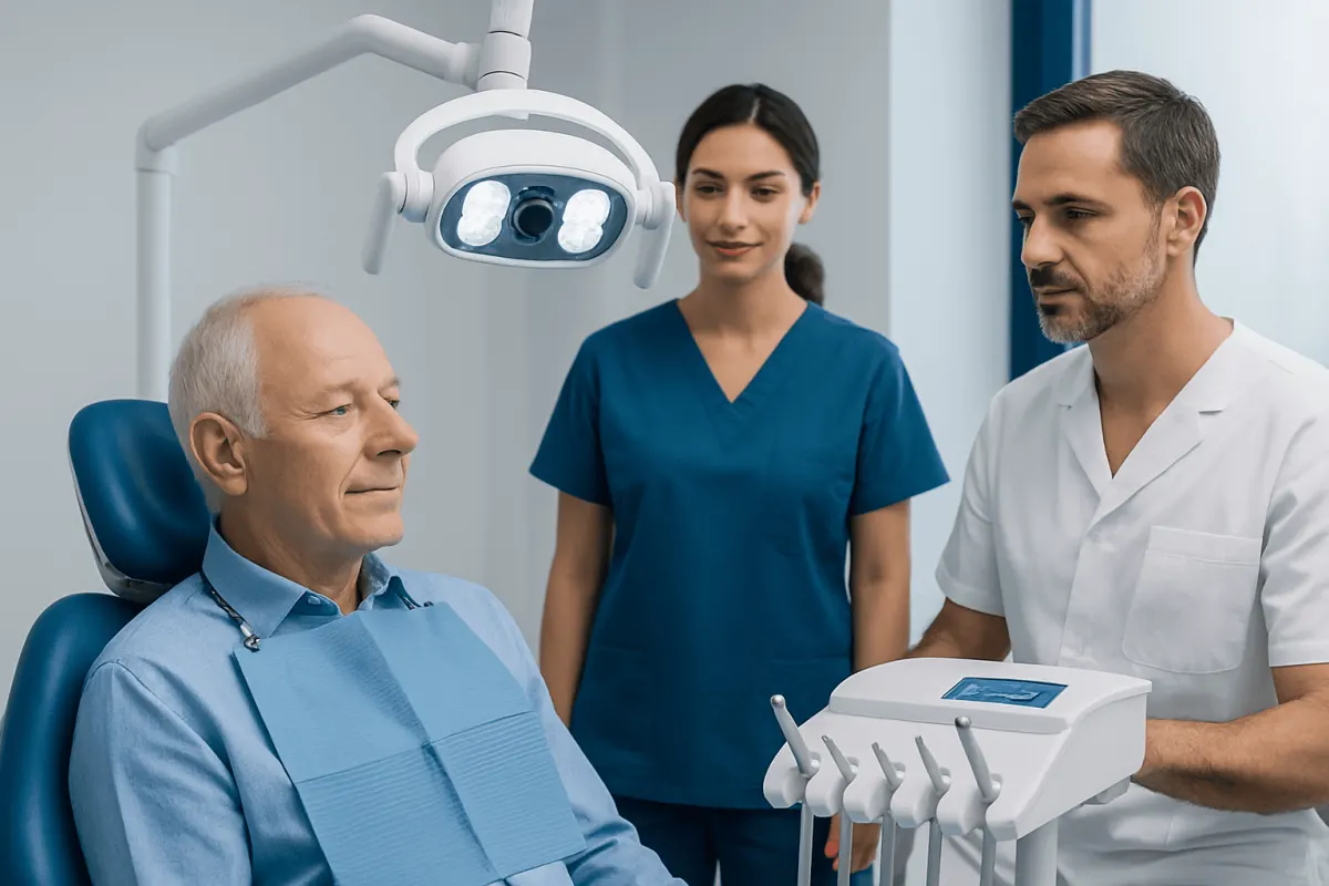 Dentist and nurse consulting with senior patient in dental clinic.