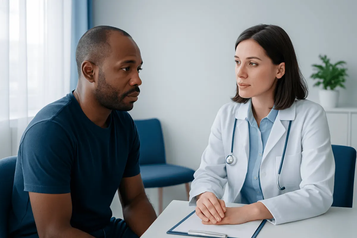 Doctor consulting with a Black male patient in a medical office.