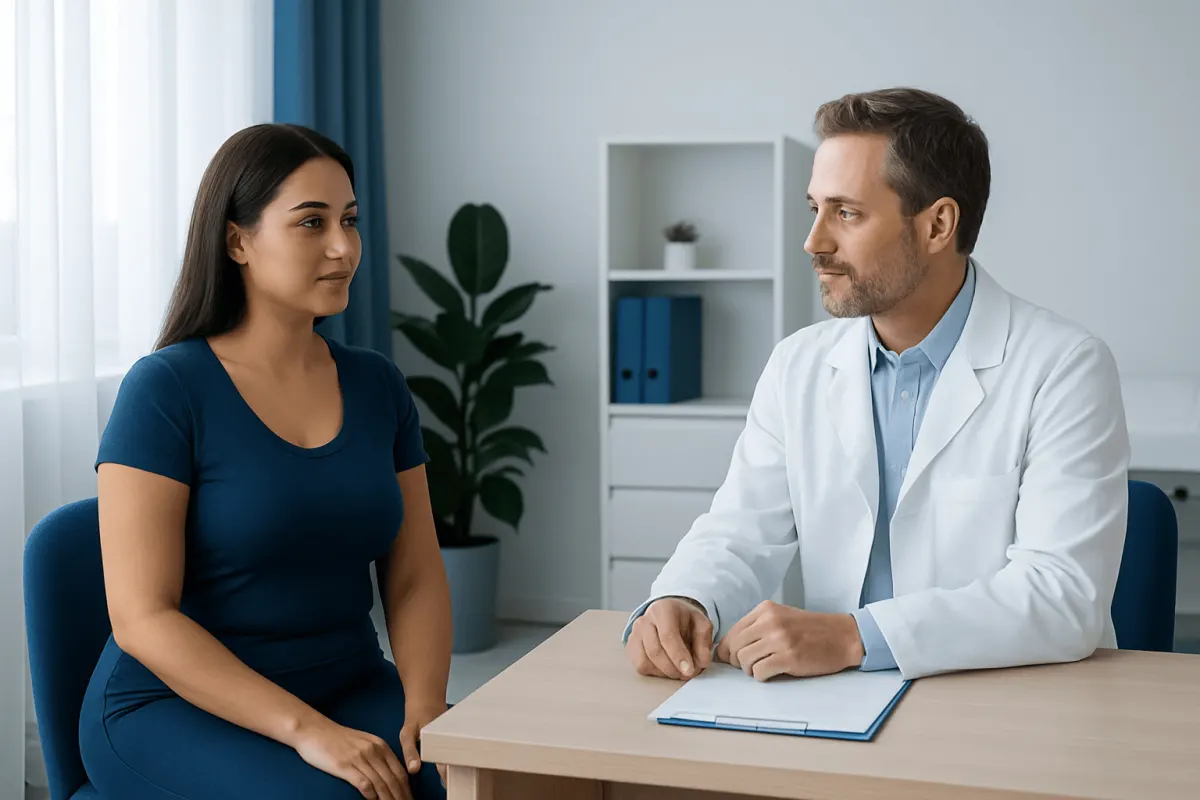 Doctor consulting with a patient in a modern medical office.