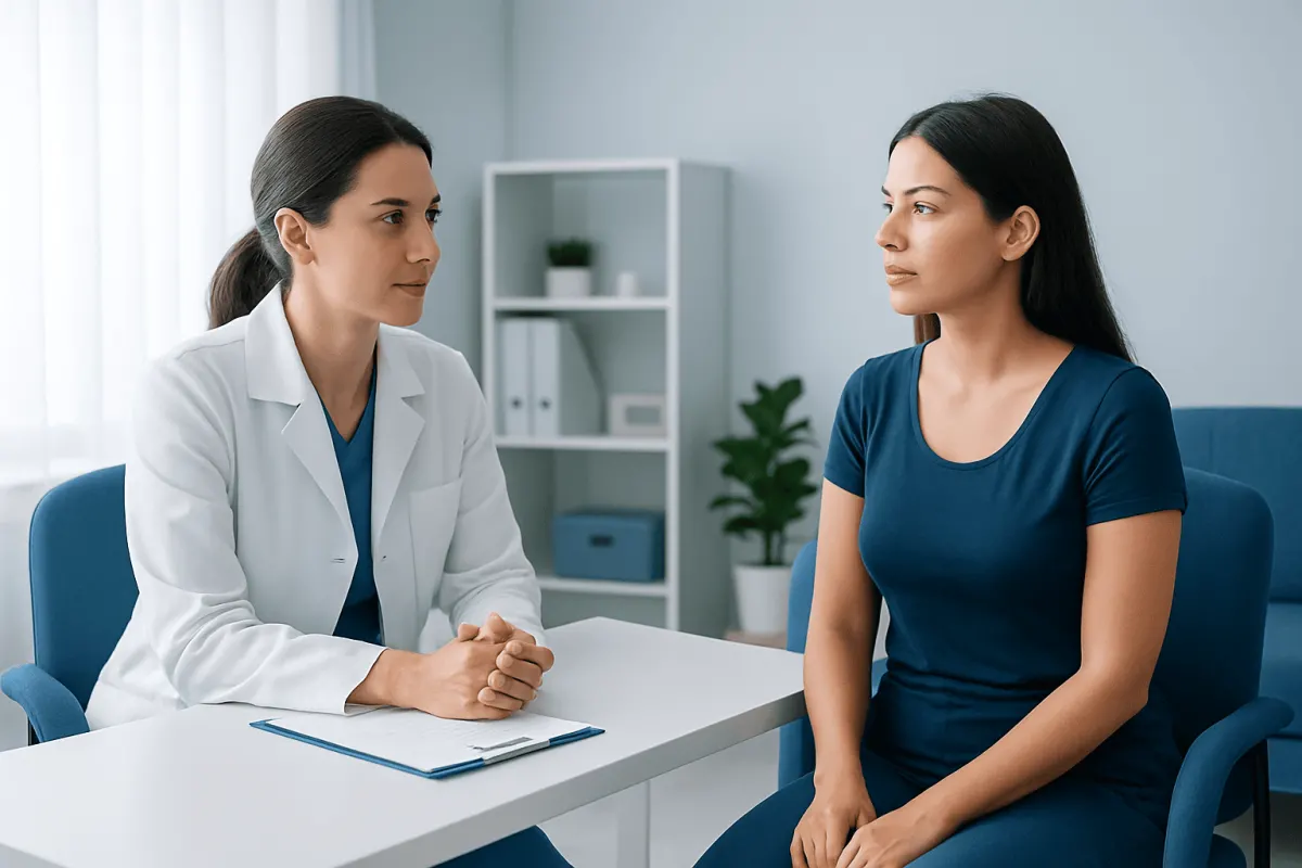 Doctor consulting with patient in a medical office setting.