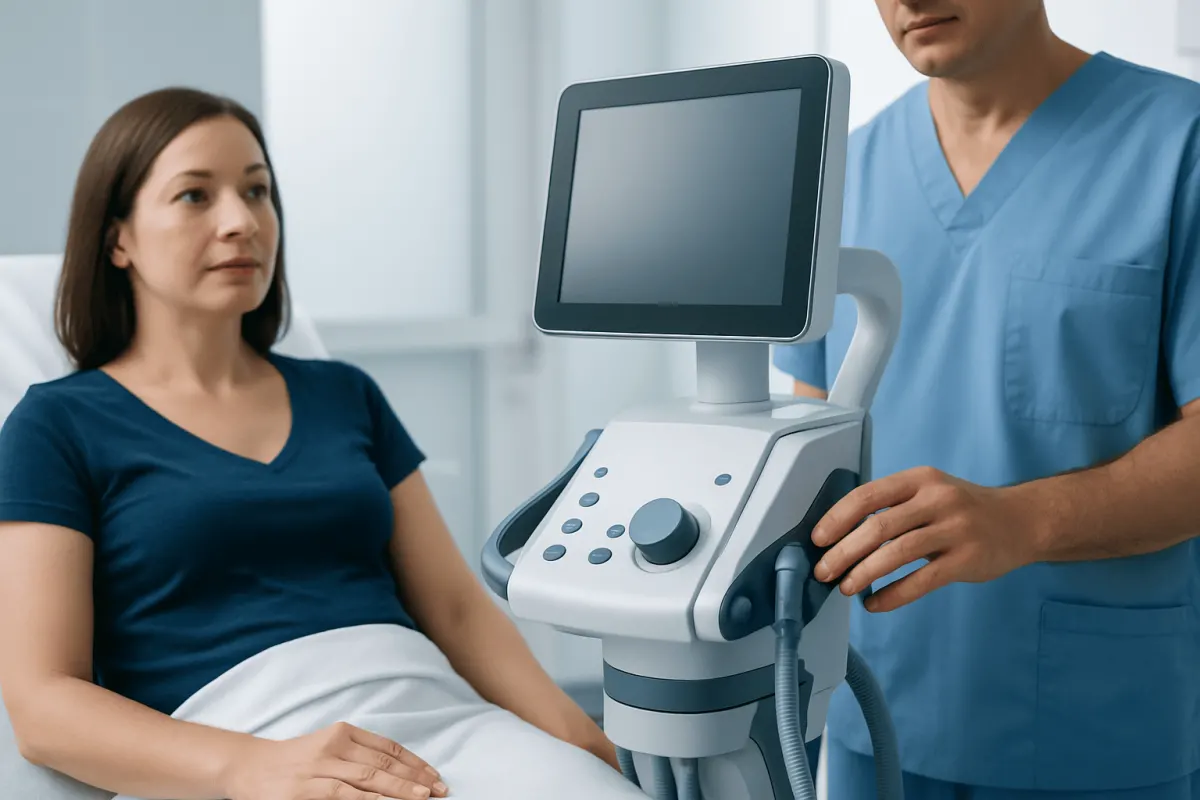 Medical professional preparing ultrasound machine for patient consultation.