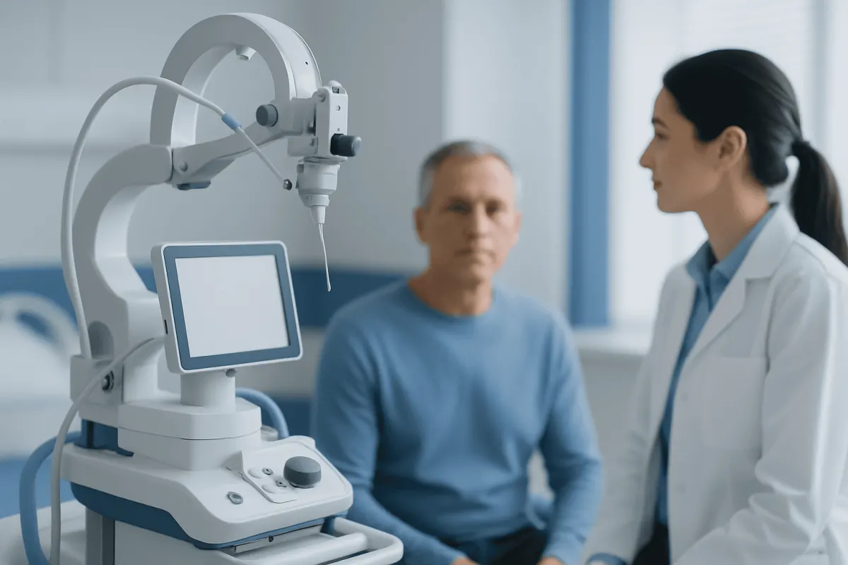Medical professional explains treatment to patient in a hospital room.