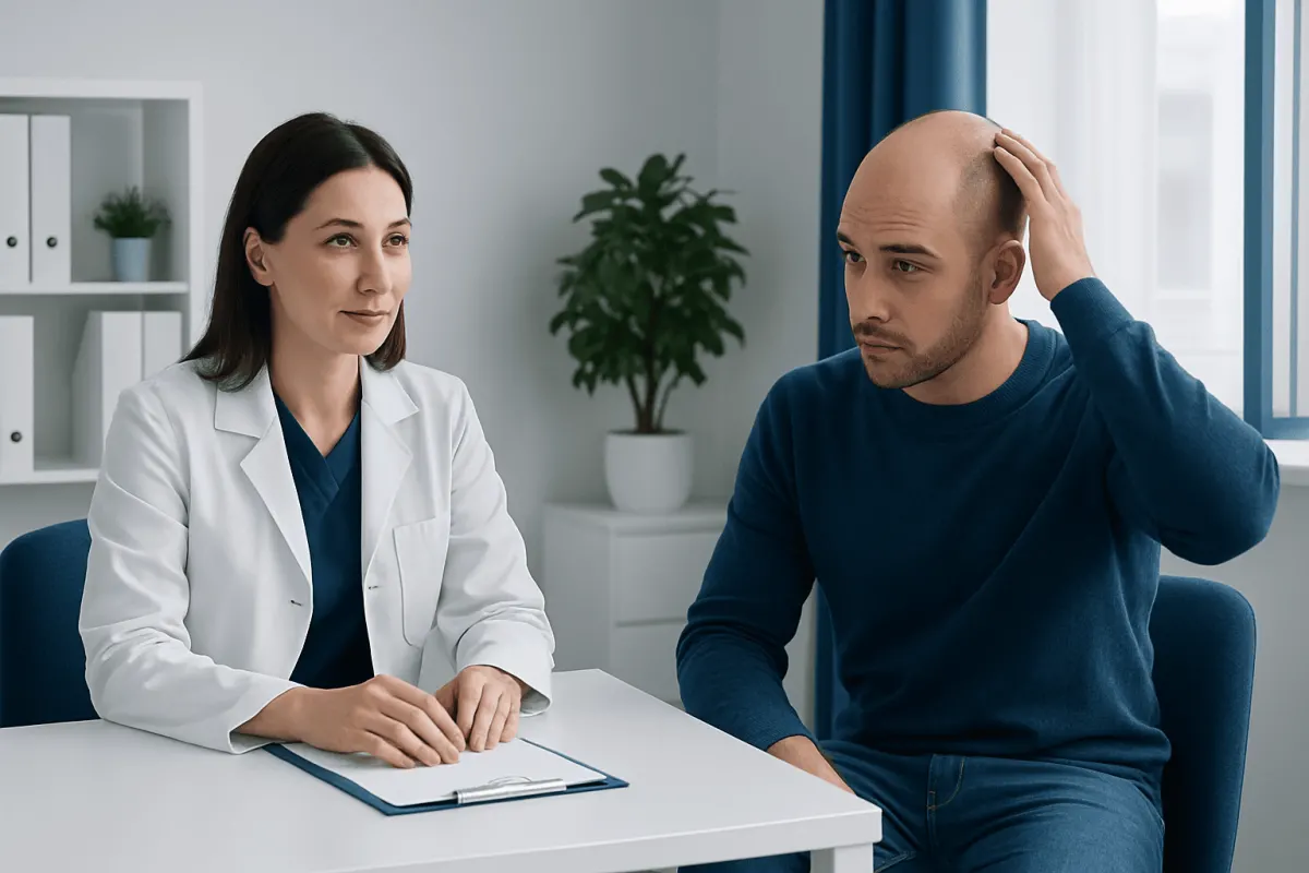 Doctor consulting with male patient about hair loss treatment options.