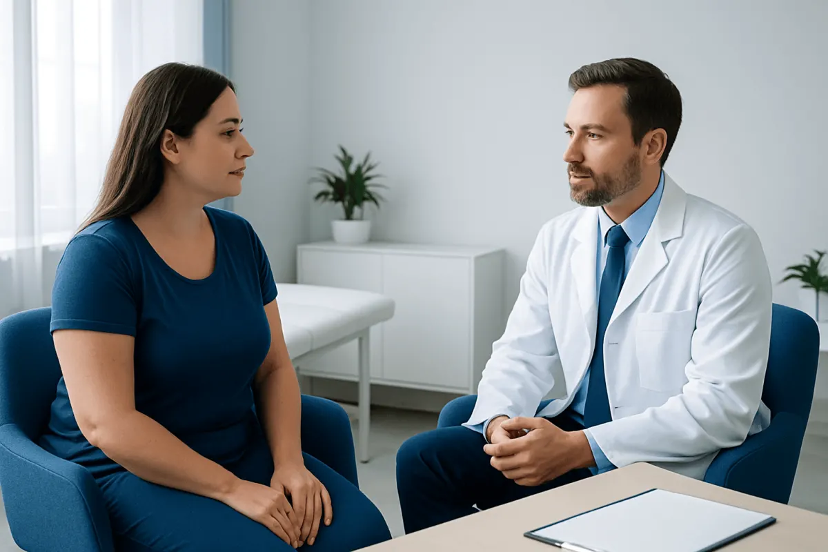 Doctor consulting with a female patient in a modern clinic setting.