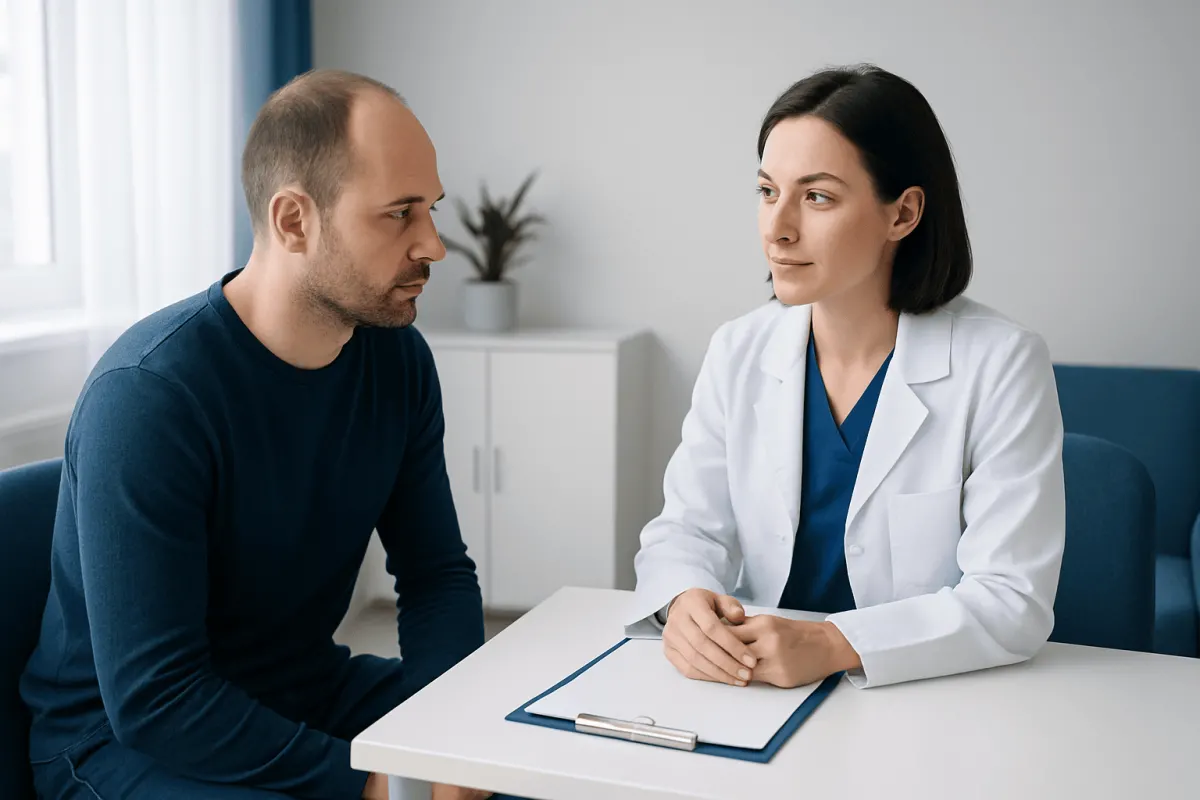Doctor consulting with male patient in a modern clinic setting.