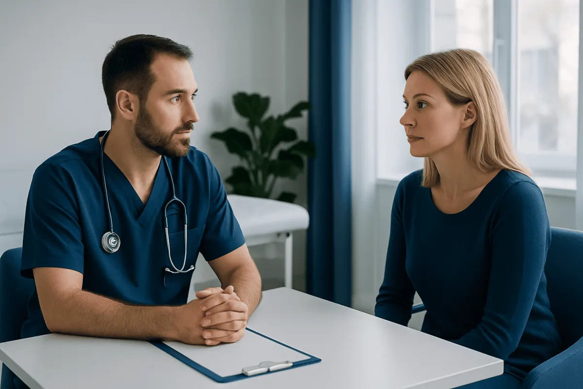 Doctor consulting with a female patient in a medical office.