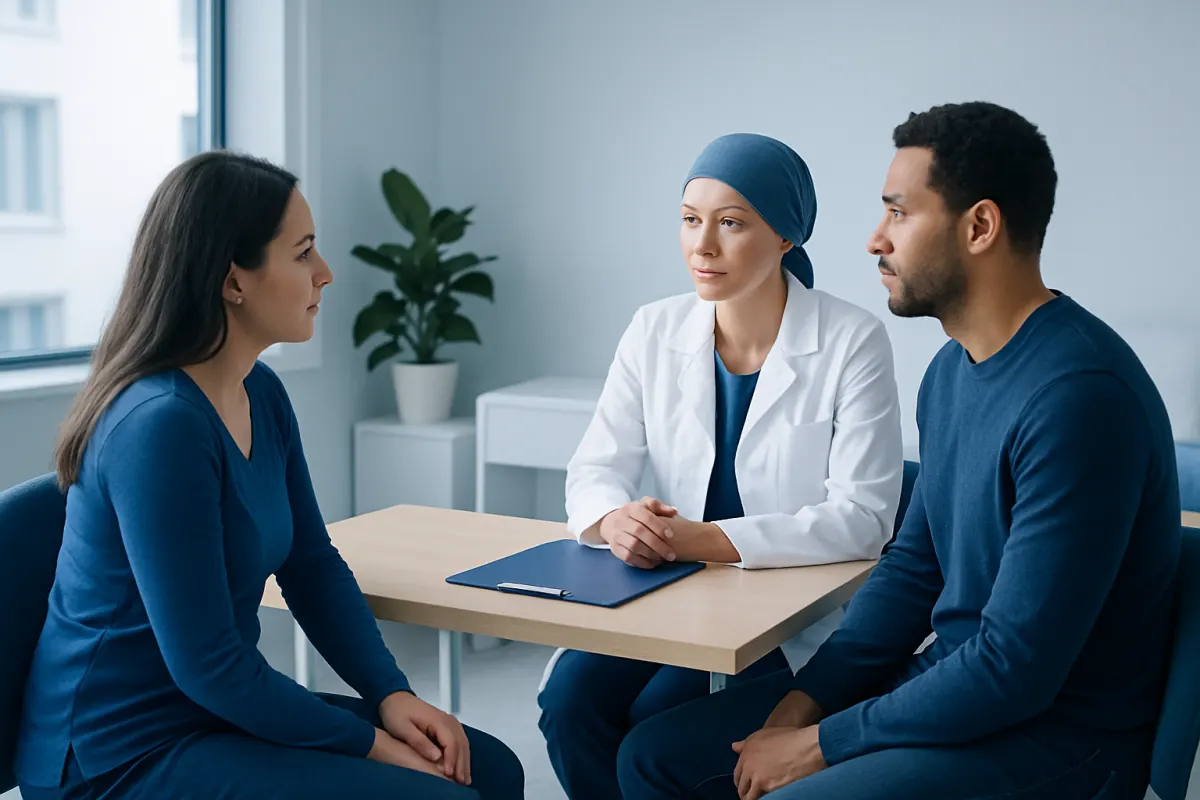 Doctor discussing fertility options with cancer survivor patient.