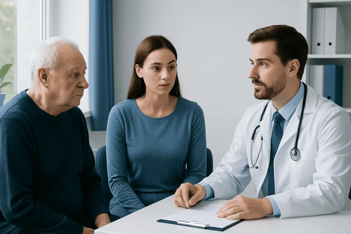 Doctor consulting with elderly male and young woman in a medical office.