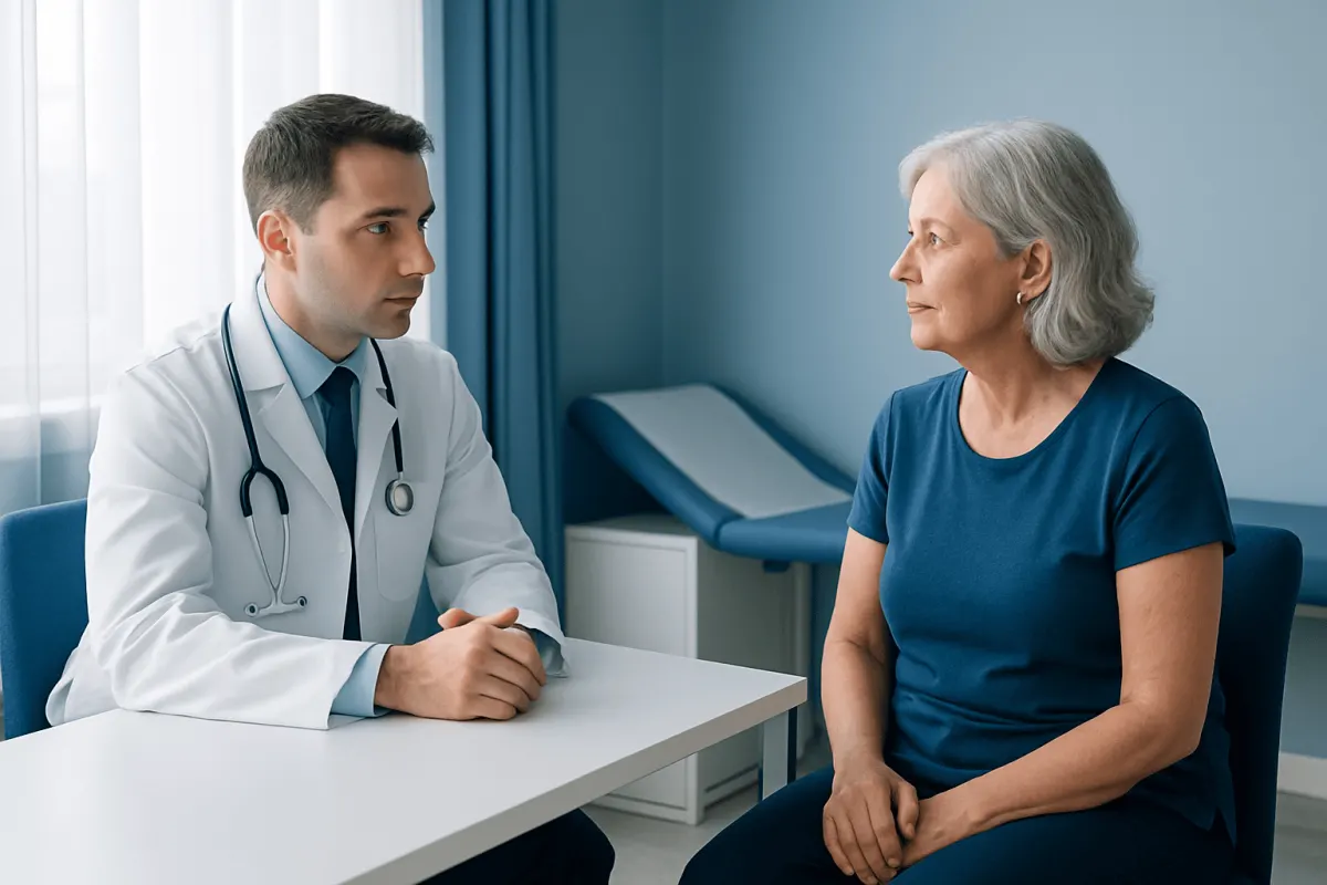 Doctor consulting with an elderly female patient in a medical office.