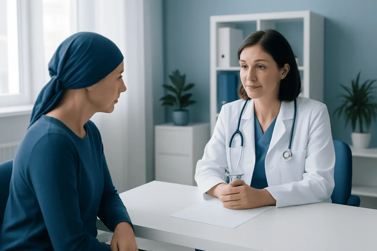 Doctor consulting with a patient in a modern hospital room.
