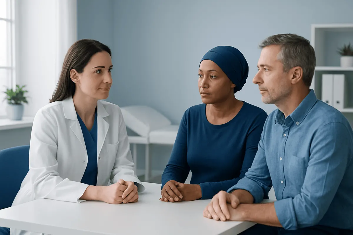Doctor consulting with a patient and her companion in a medical office.