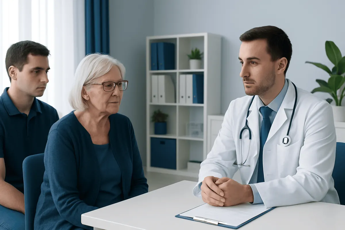 Doctor consulting with elderly woman and young man in medical office.
