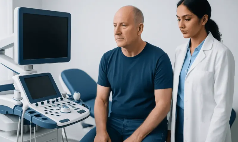 Doctor performing a digital rectal exam on a patient in a clinical setting.