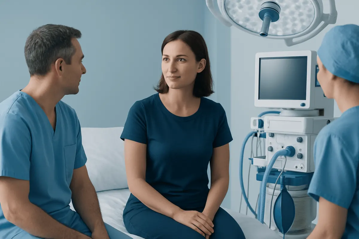 Patient consulting with medical staff in a hospital room.