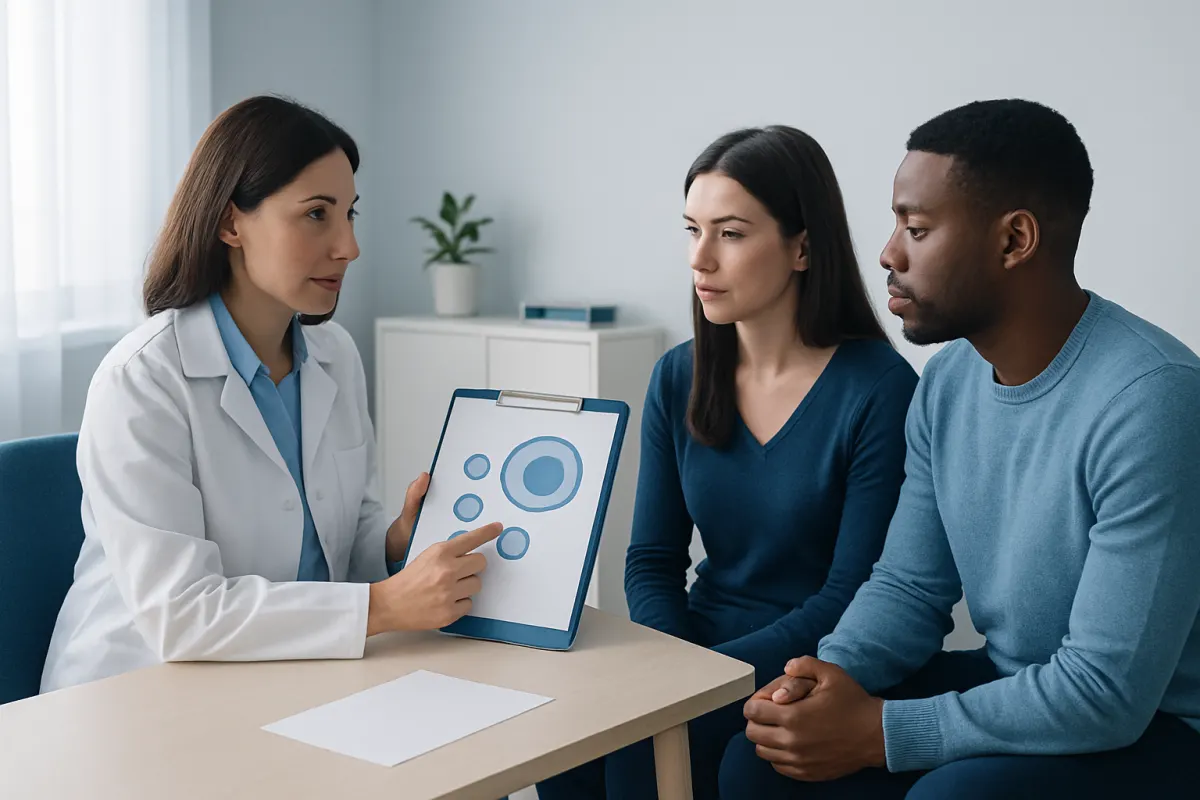 Doctor explaining egg size and IVF process to couple in consultation room.