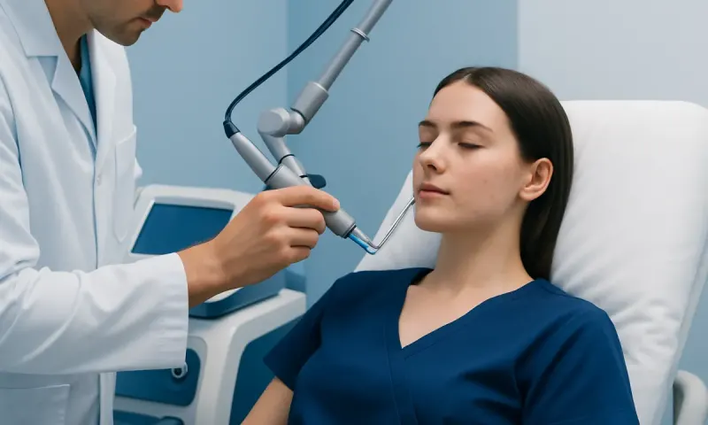 Dermatologist performs laser treatment on a young woman's face in a clinical setting.