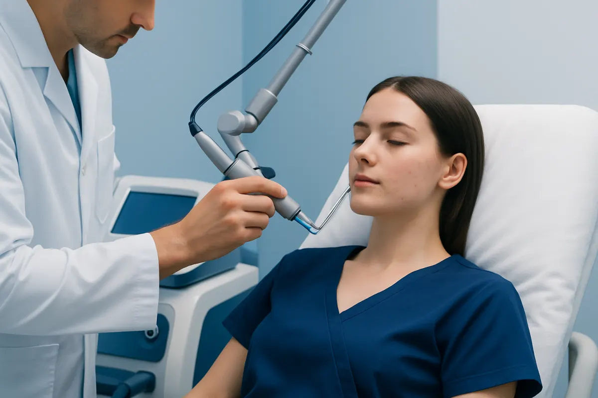 Dermatologist performs laser treatment on a young woman's face in a clinical setting.